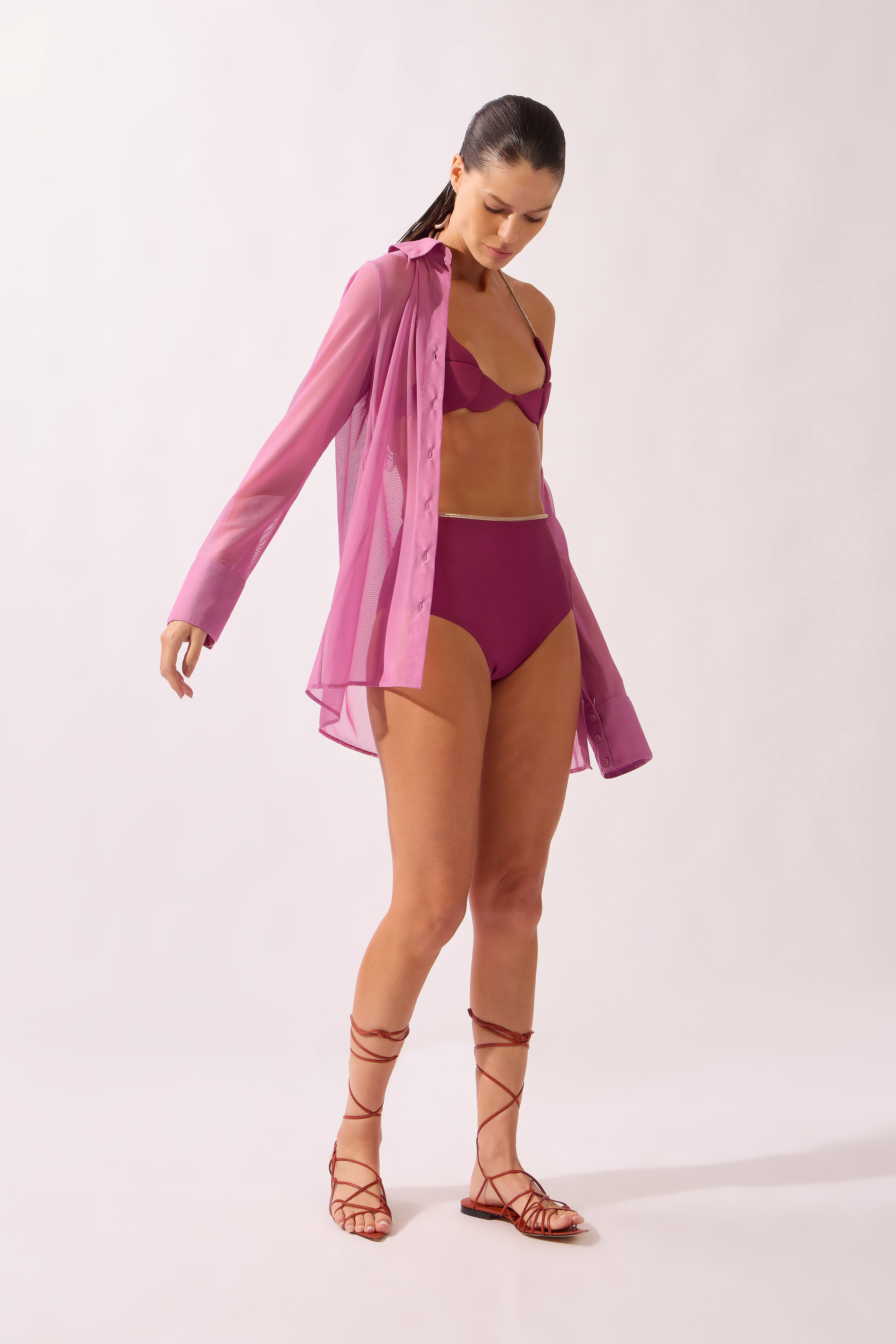 Camisa Manga Longa Pois e Foliage Lisos