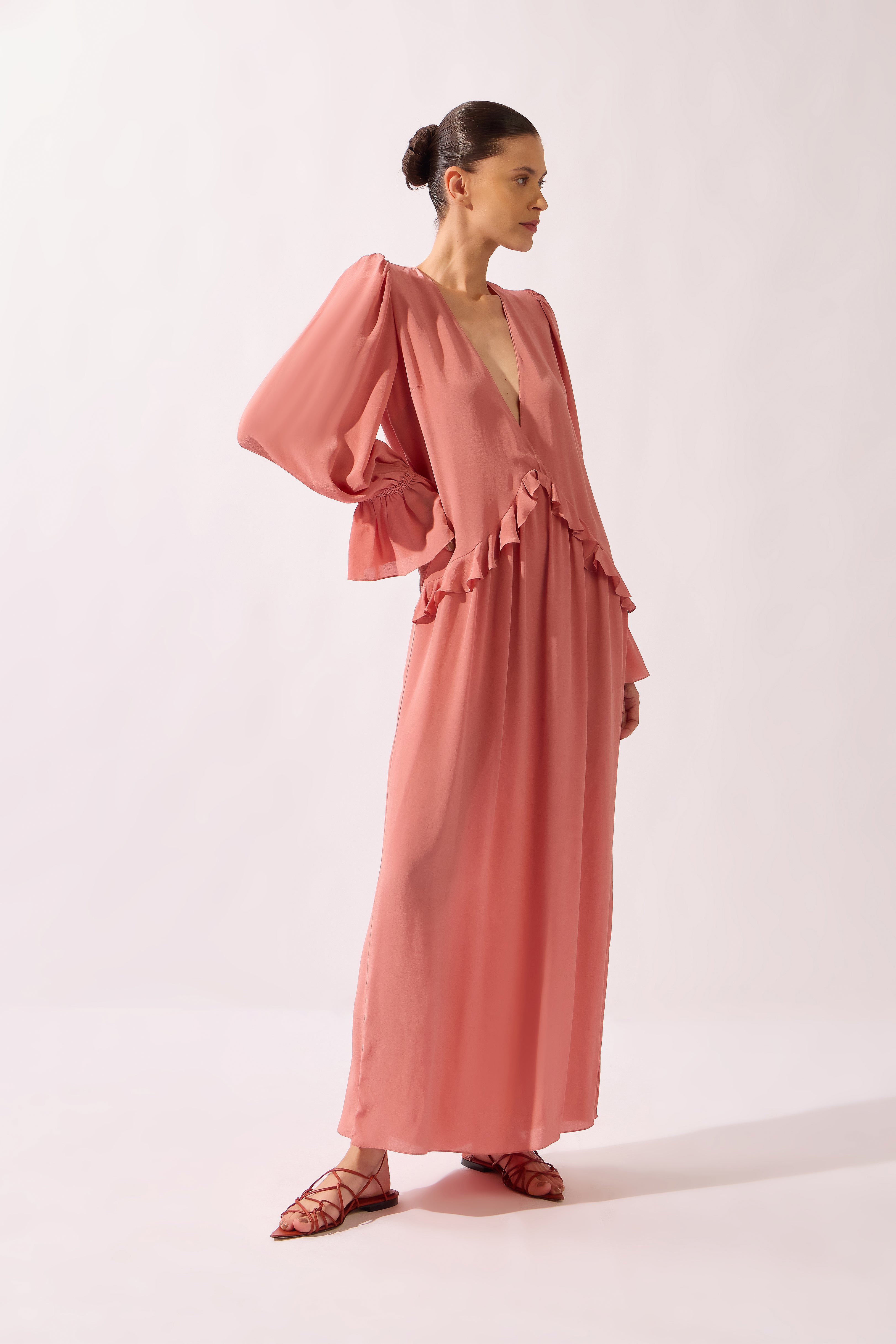 Vestido Longo Babado Punho Pois e Foliage Lisos