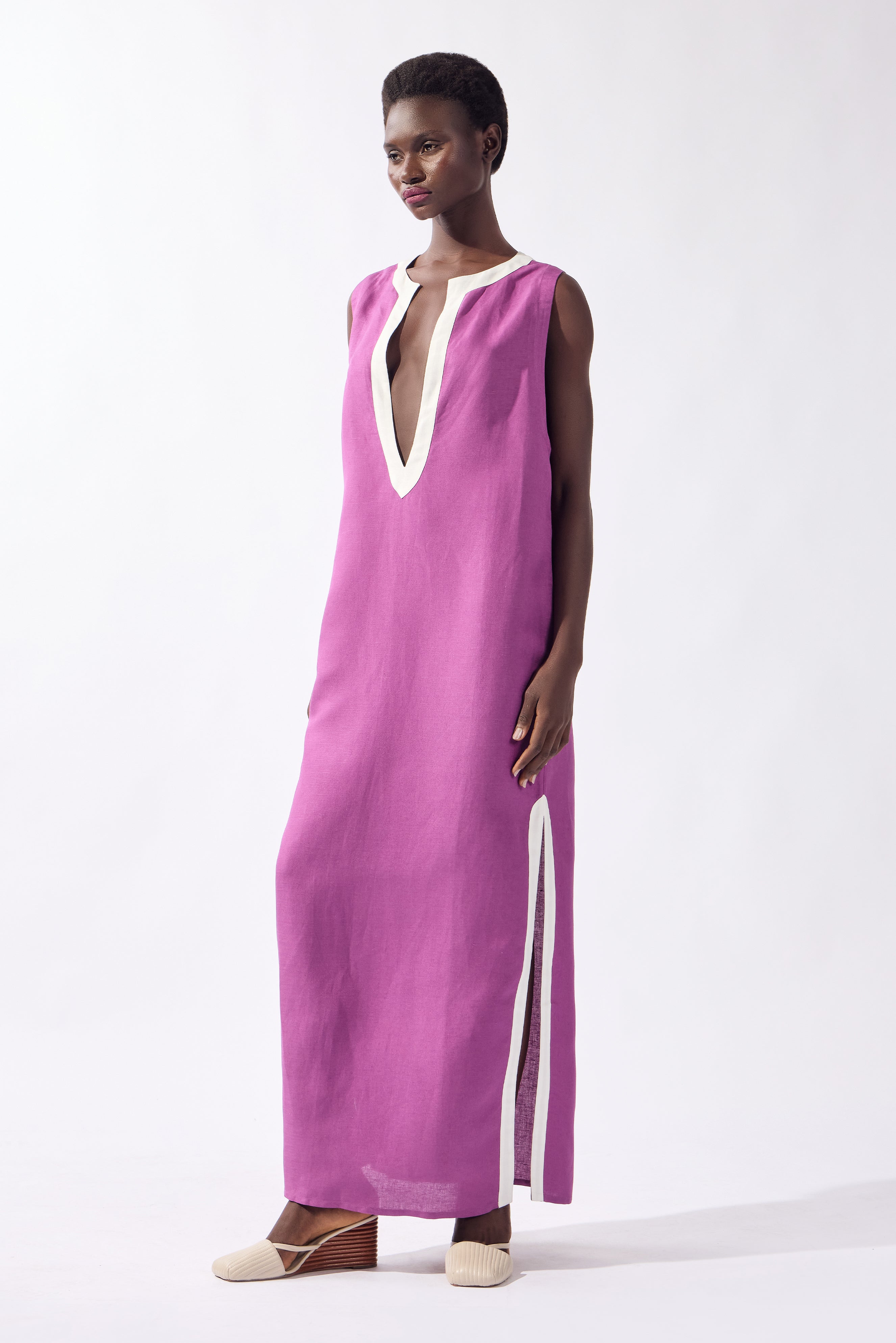 Túnica Midi Decote U Pois e Foliage Lisos