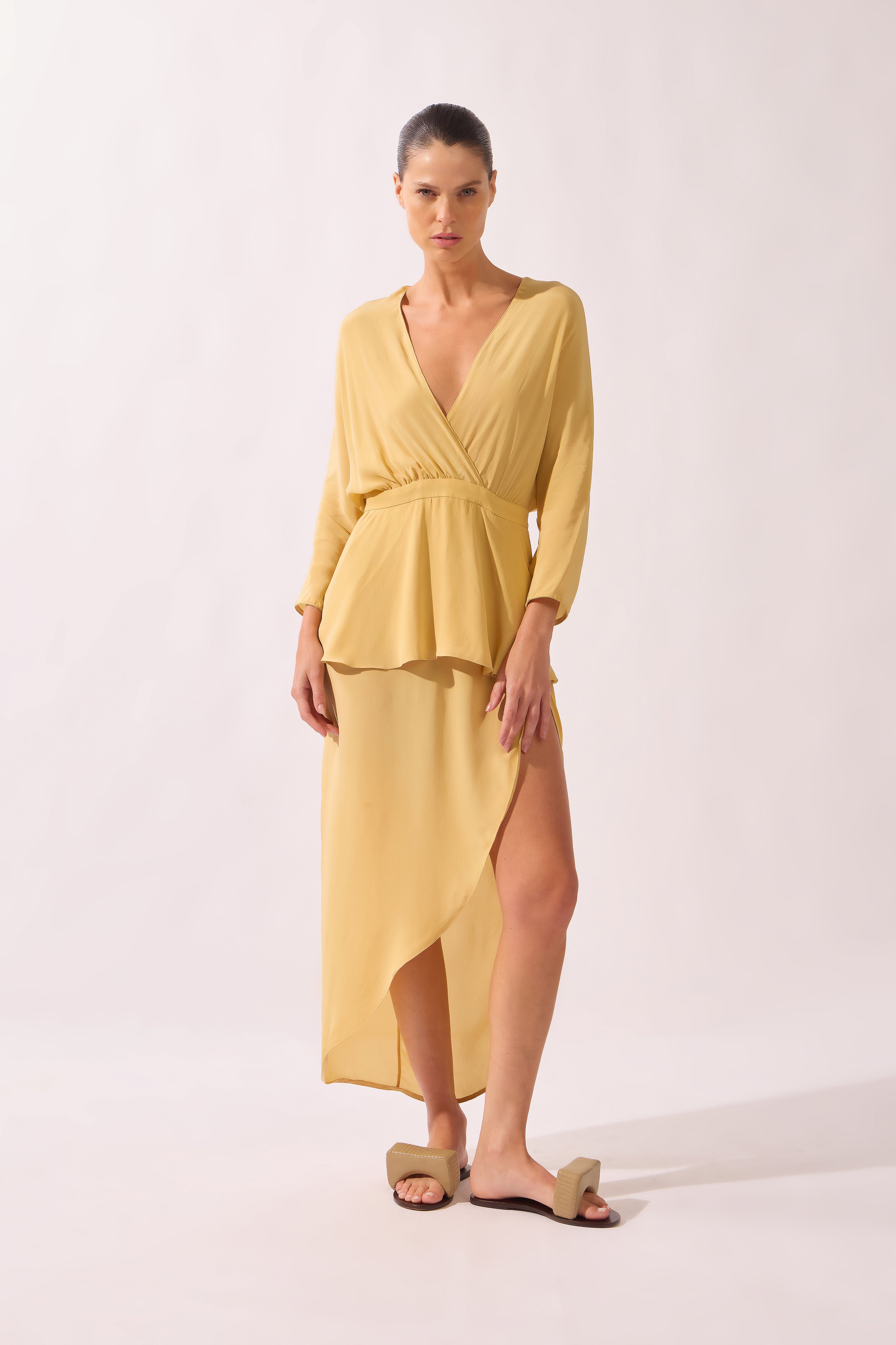 Vestido Midi Com Fenda Pois e Foliage Lisos