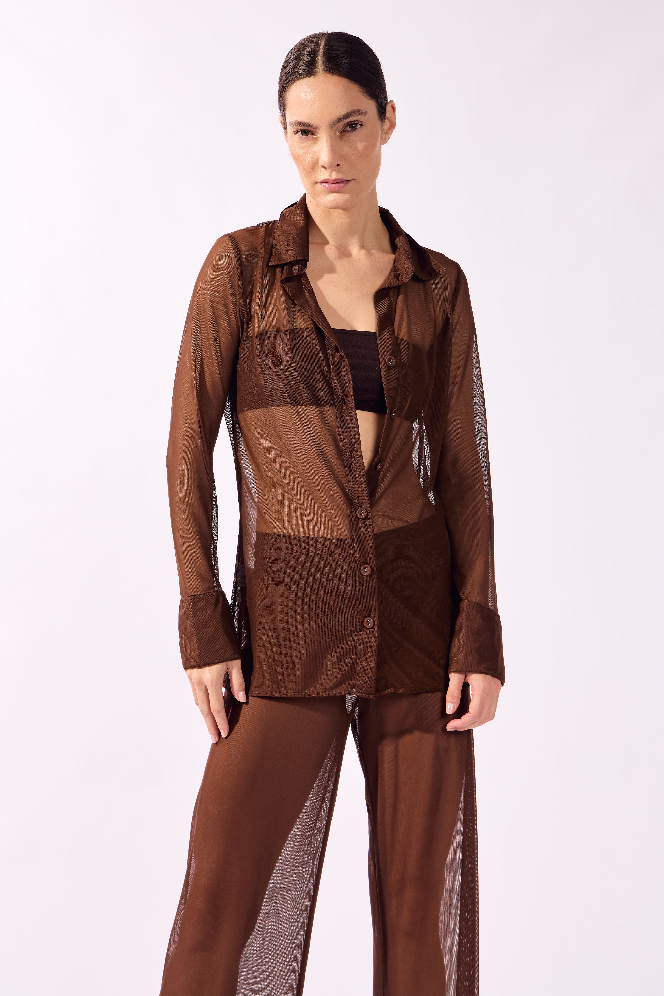 Camisa Manga Longa Pois e Foliage Lisos