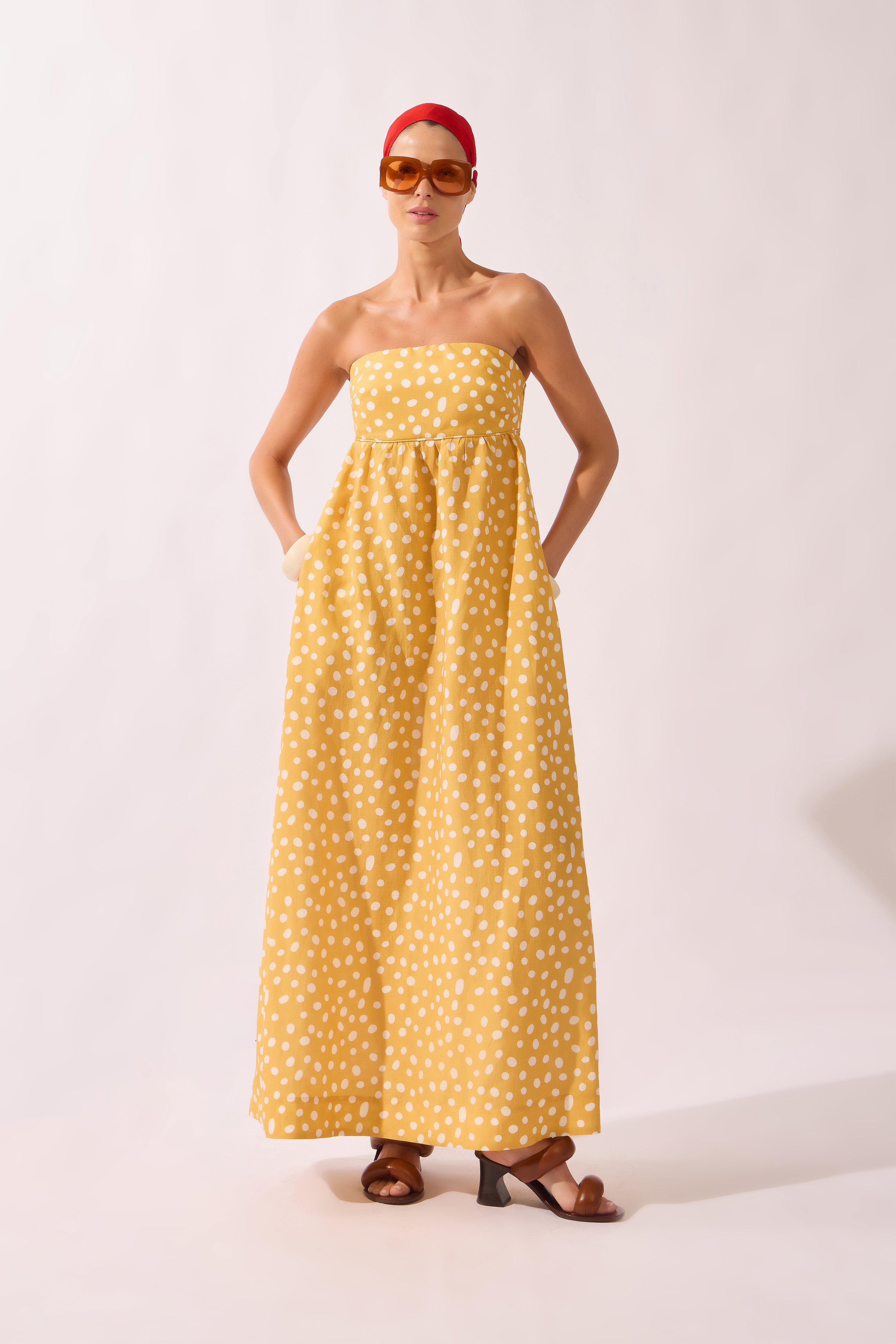 Vestido Longo Tomara que Caia Yellow Pois