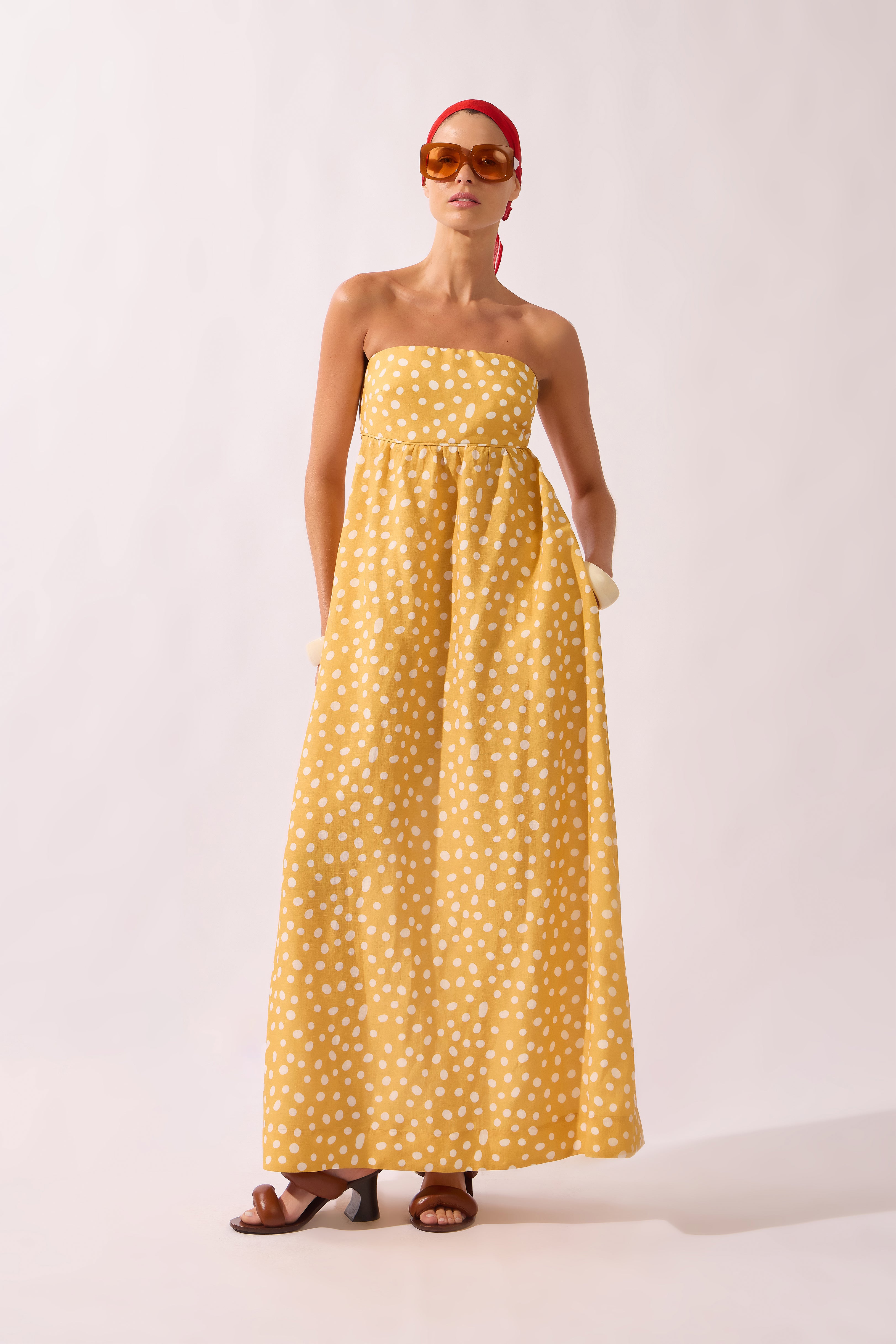 Vestido Longo Tomara que Caia Yellow Pois