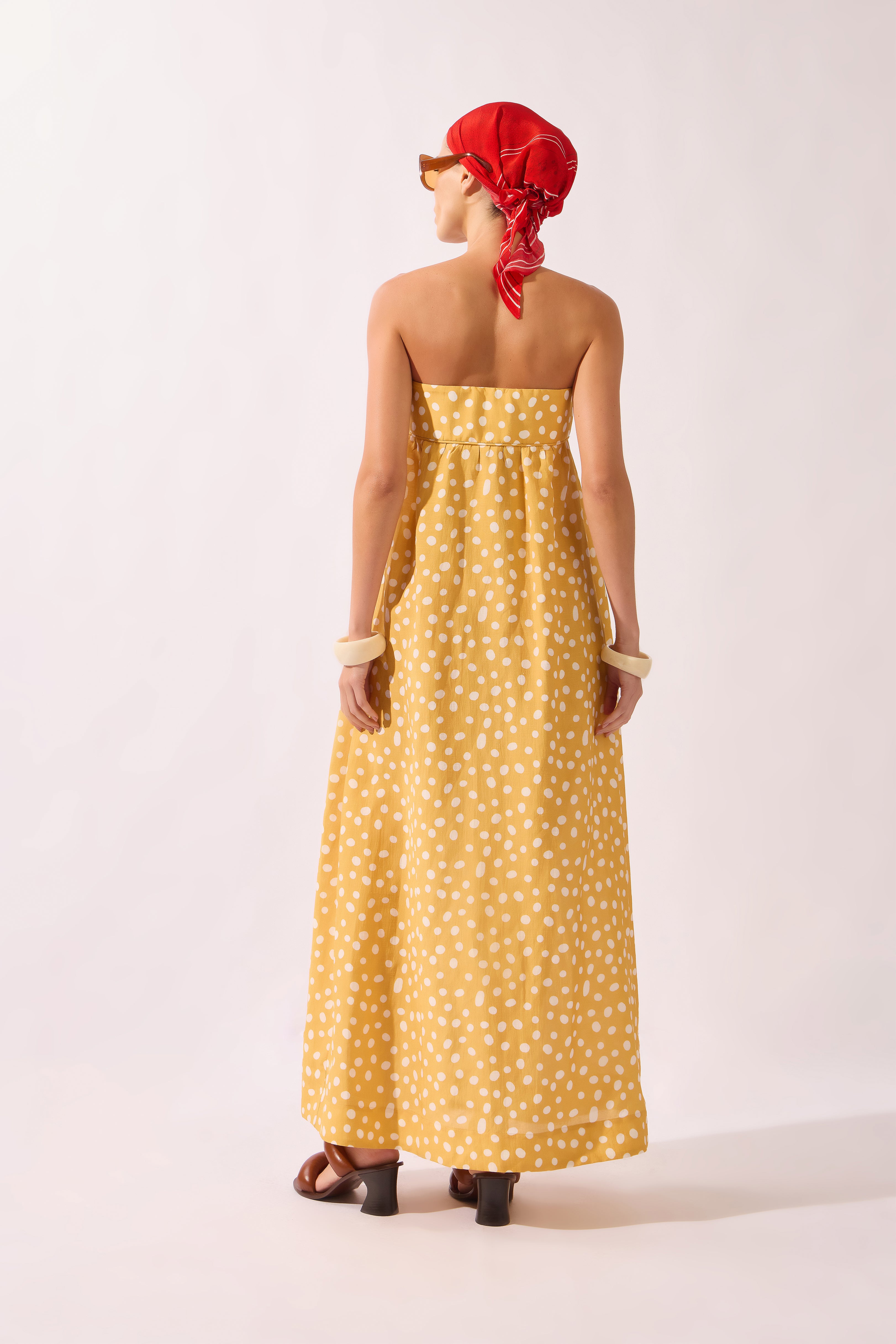 Vestido Longo Tomara que Caia Yellow Pois