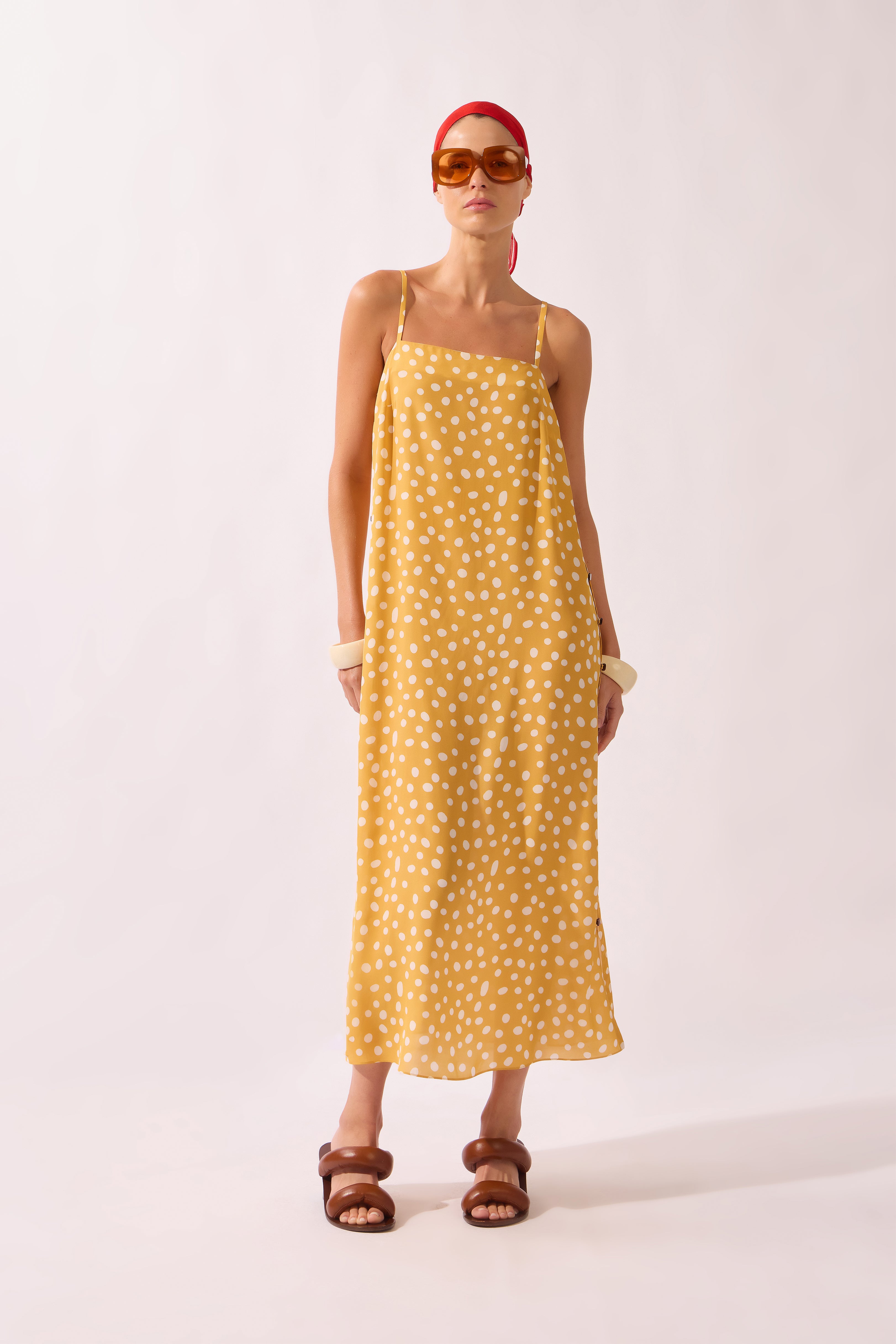 Vestido Midi Botões Laterais Yellow Pois