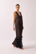 Vestido Longo Babados Pois e Foliage Lisos