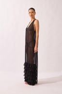 Vestido Longo Babados Pois e Foliage Lisos