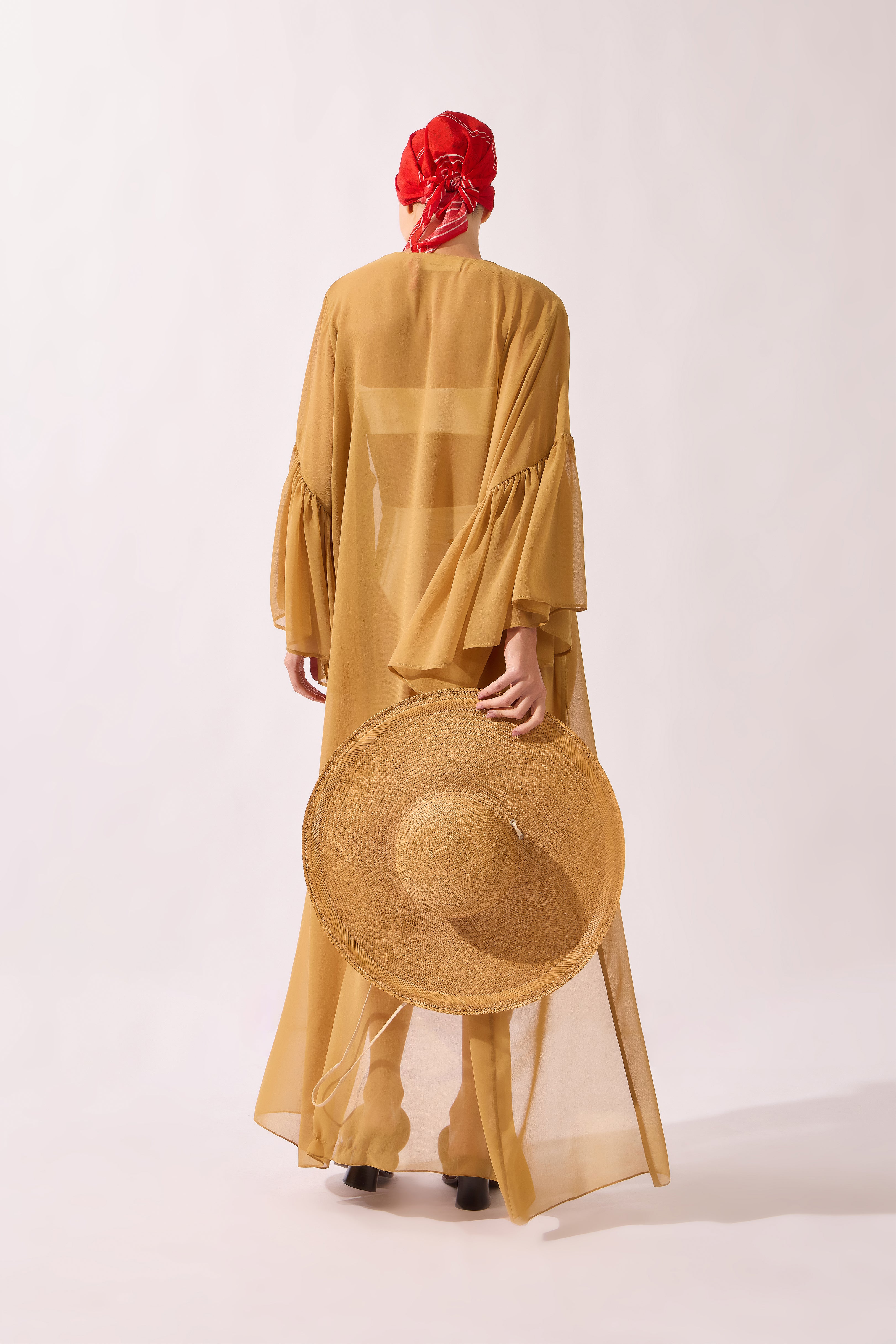 Robe Longo Manga Babado Pois e Foliage Lisos