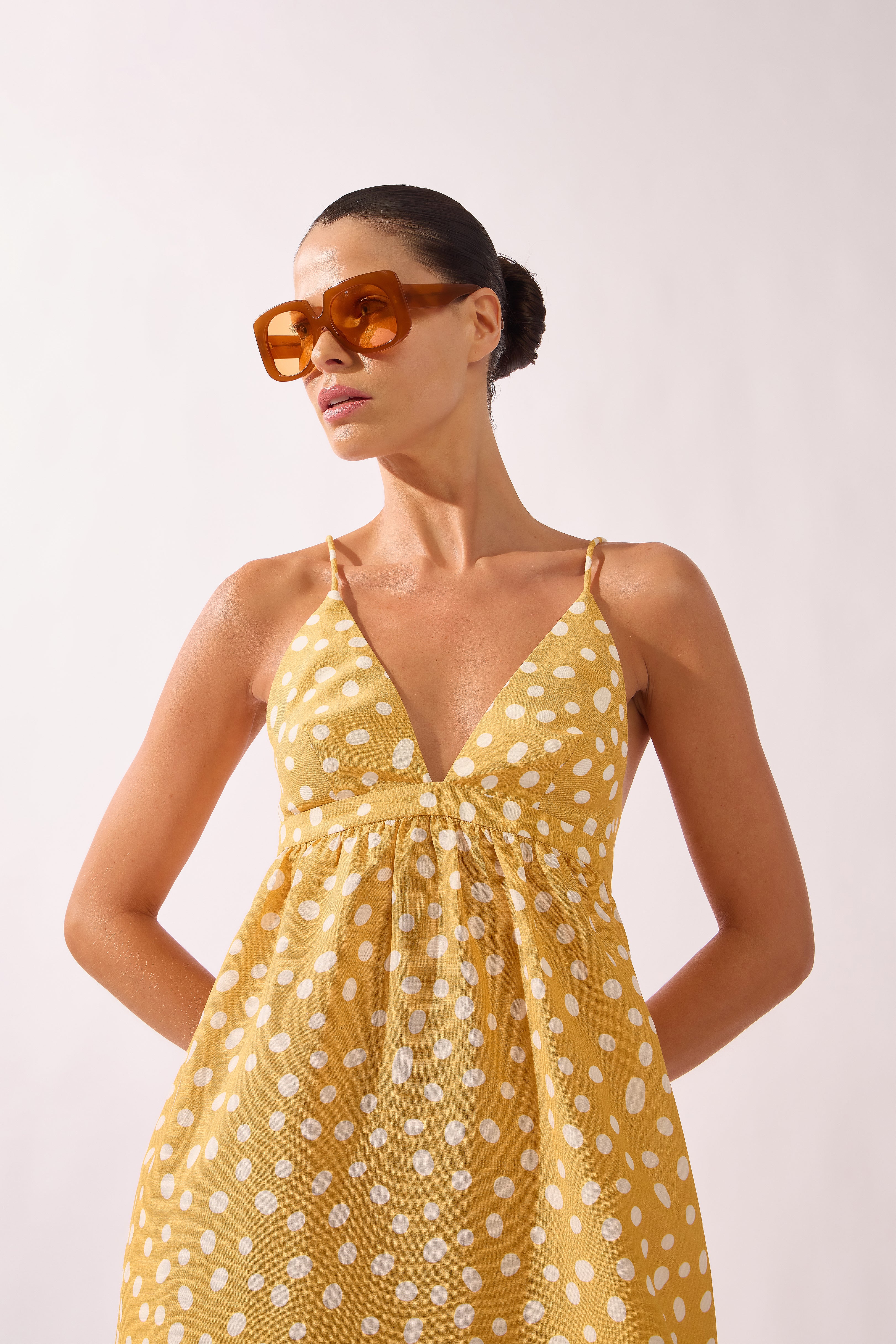 Vestido Longo Franzido No Busto Yellow Pois