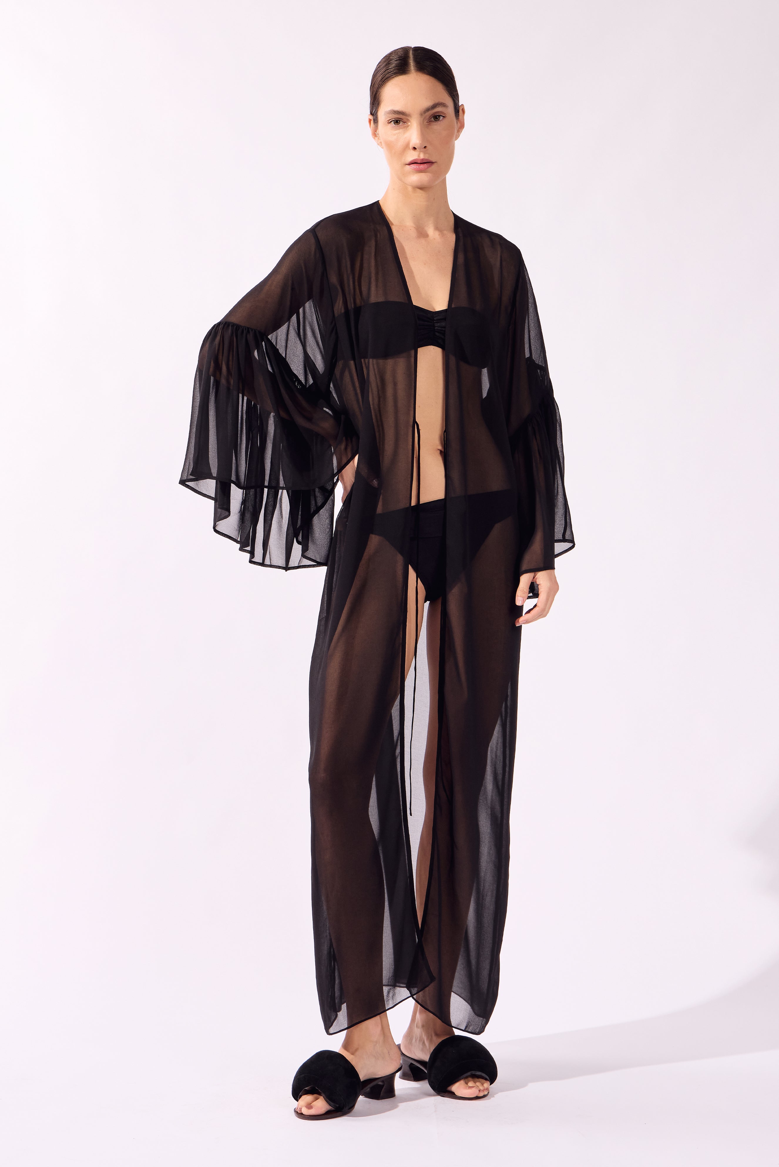 Robe Longo Manga Babado Pois e Foliage Lisos