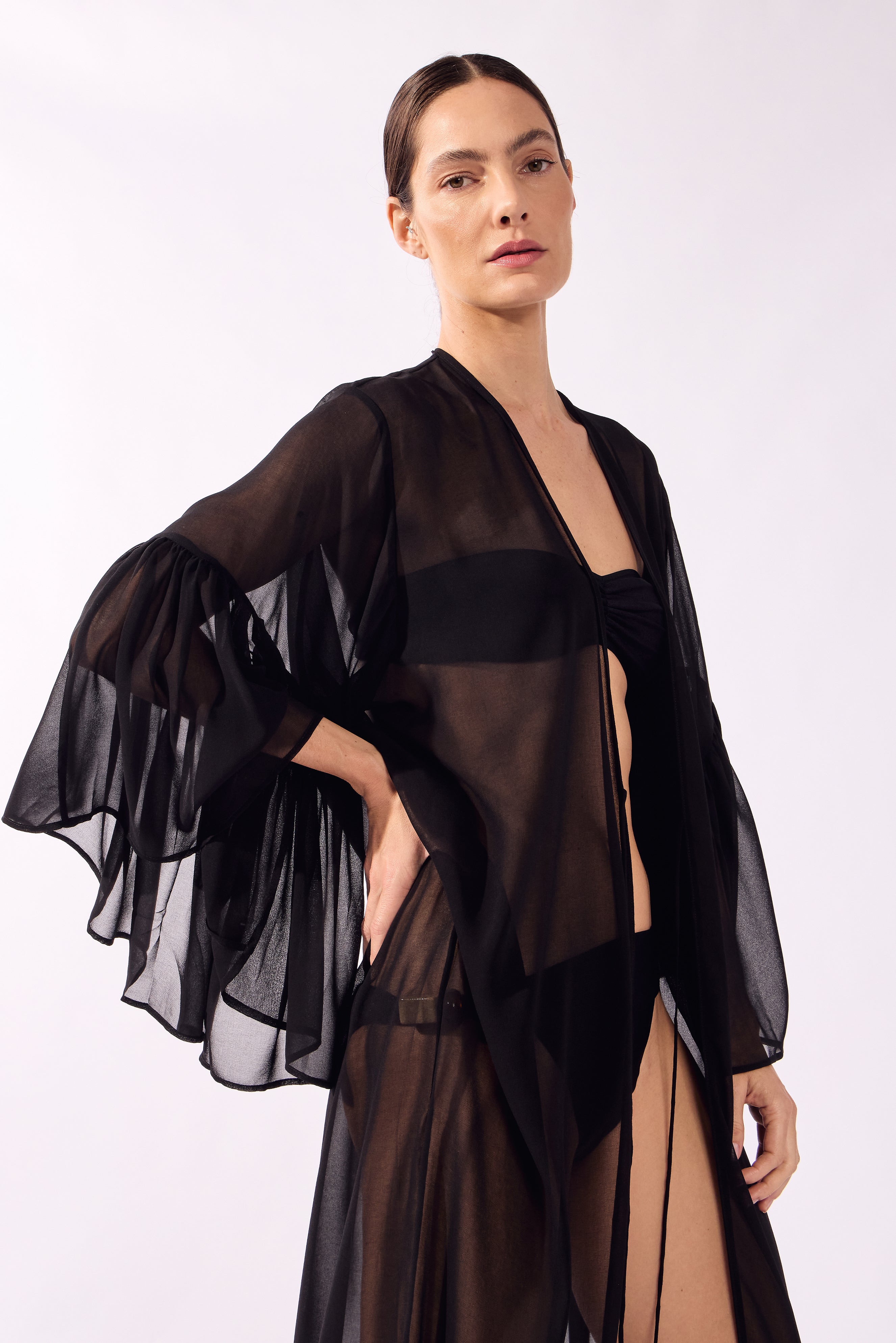 Robe Longo Manga Babado Pois e Foliage Lisos