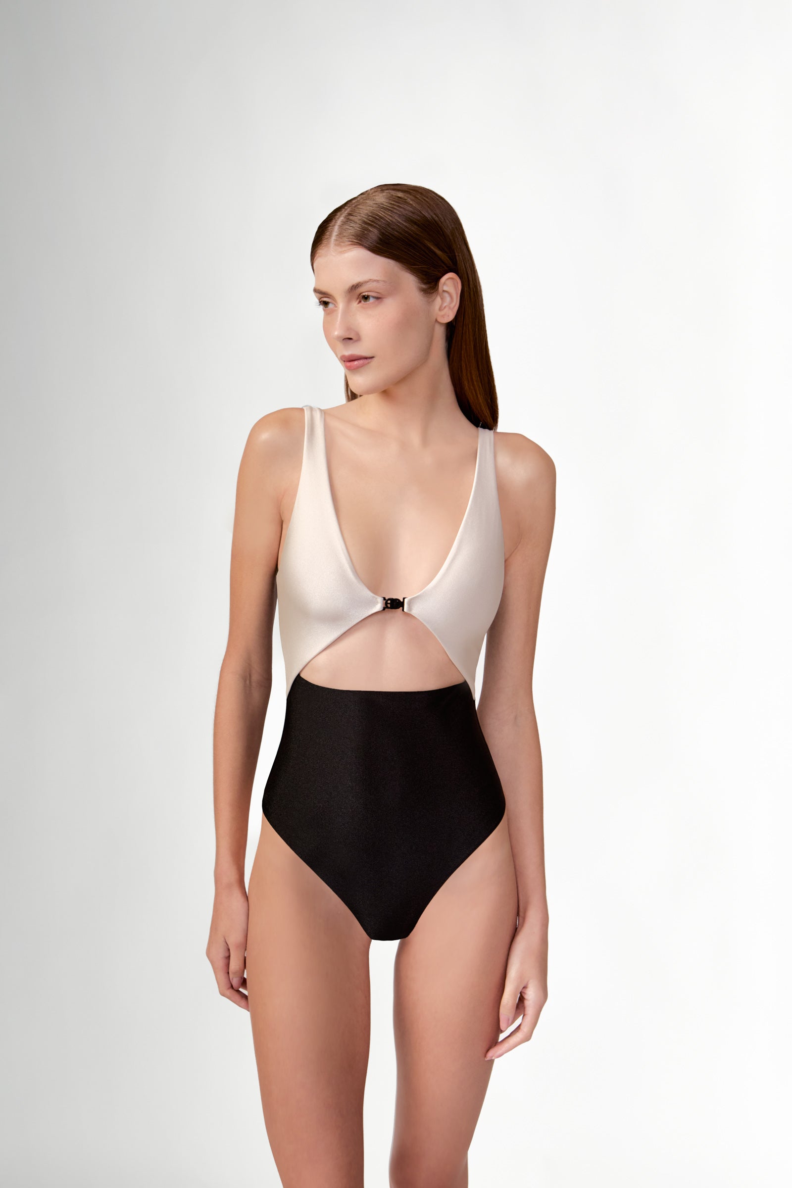 Maiô Bicolor Detalhe Vazado Listras e Floral Lisos