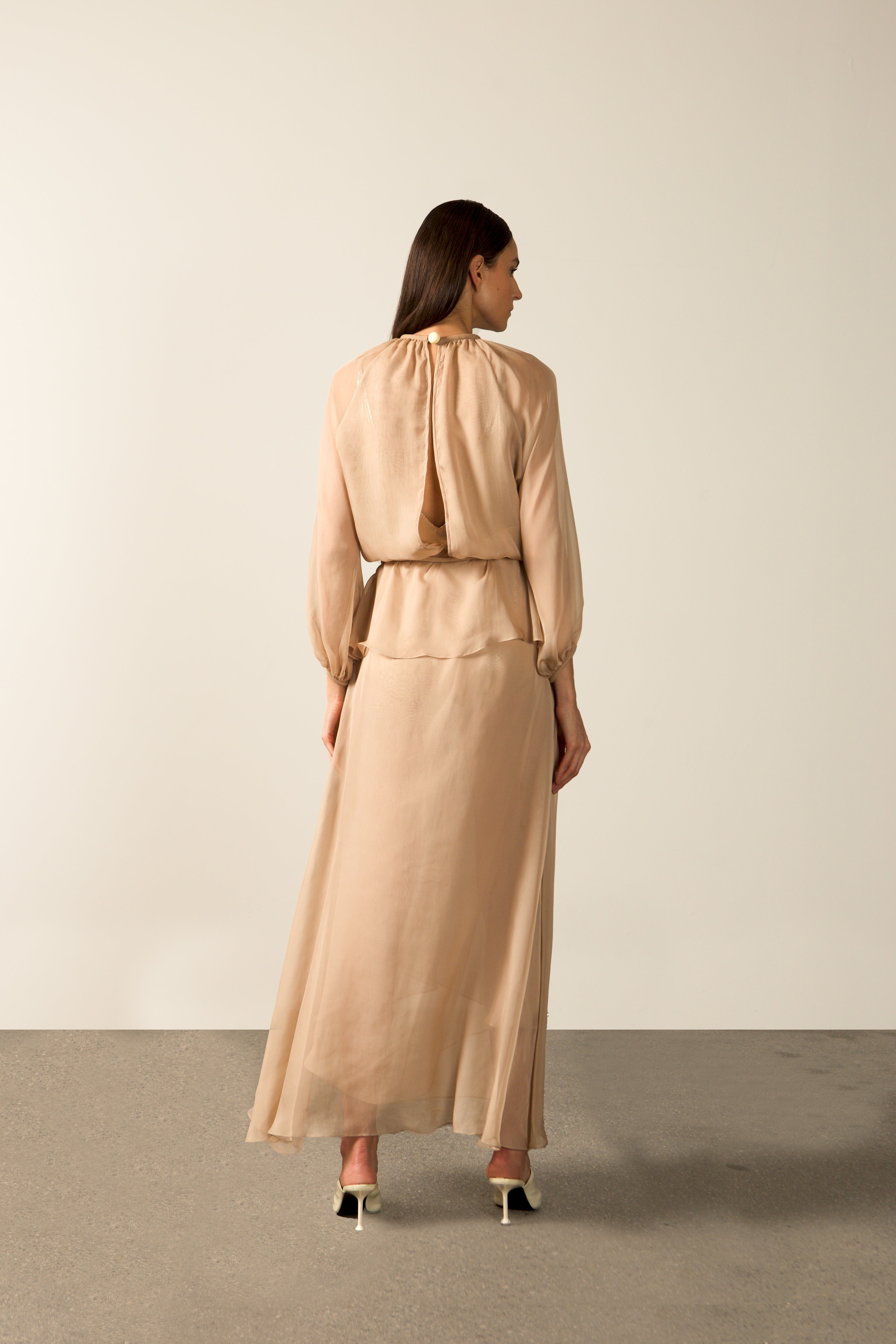 Vestido Longo Manga Bufante Coquile De Mer