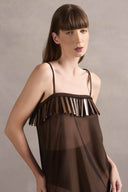 Vestido Midi Organza Detalhe Madeira Mobile