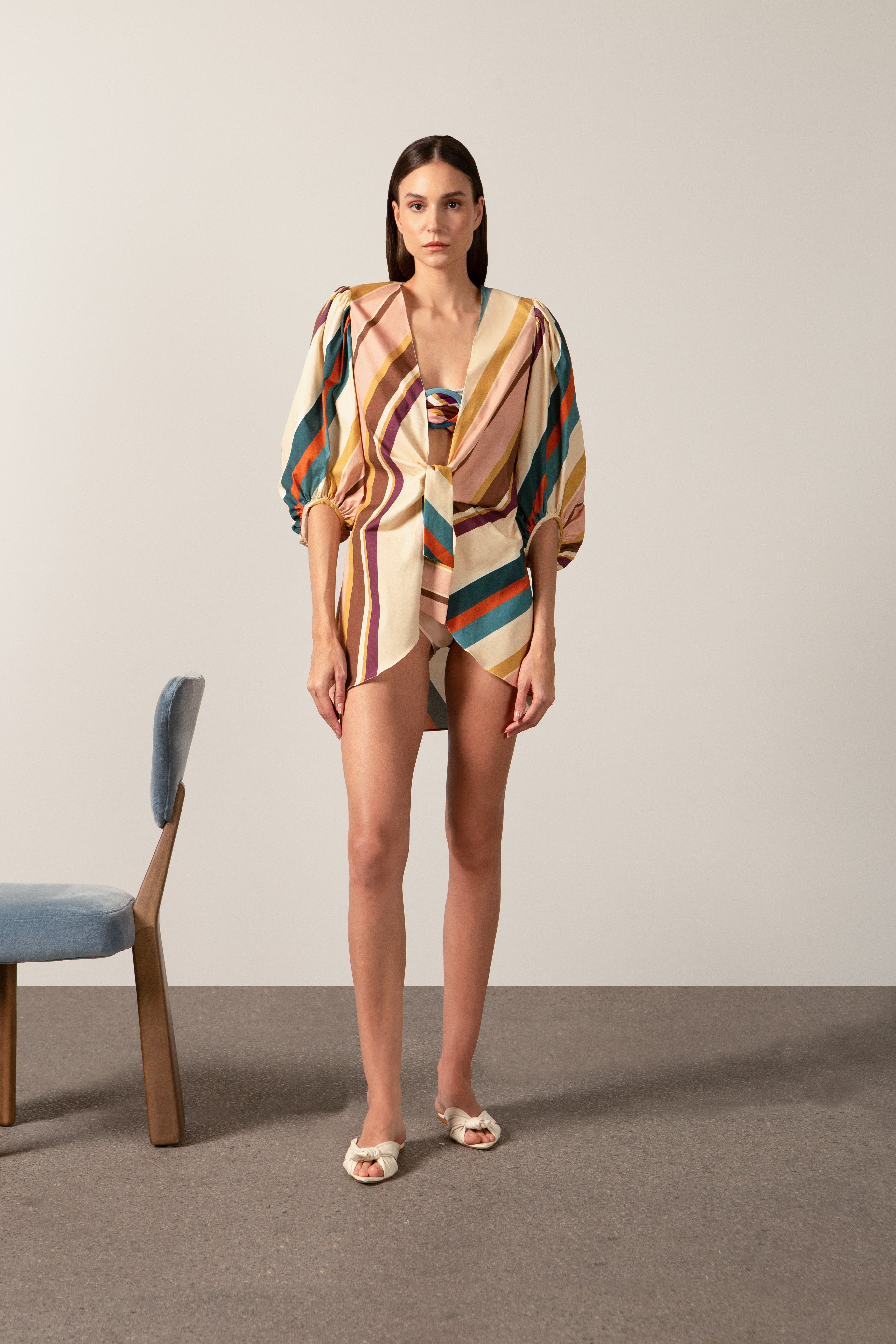 Camisa Longa De Amarrar Listras Diagonais