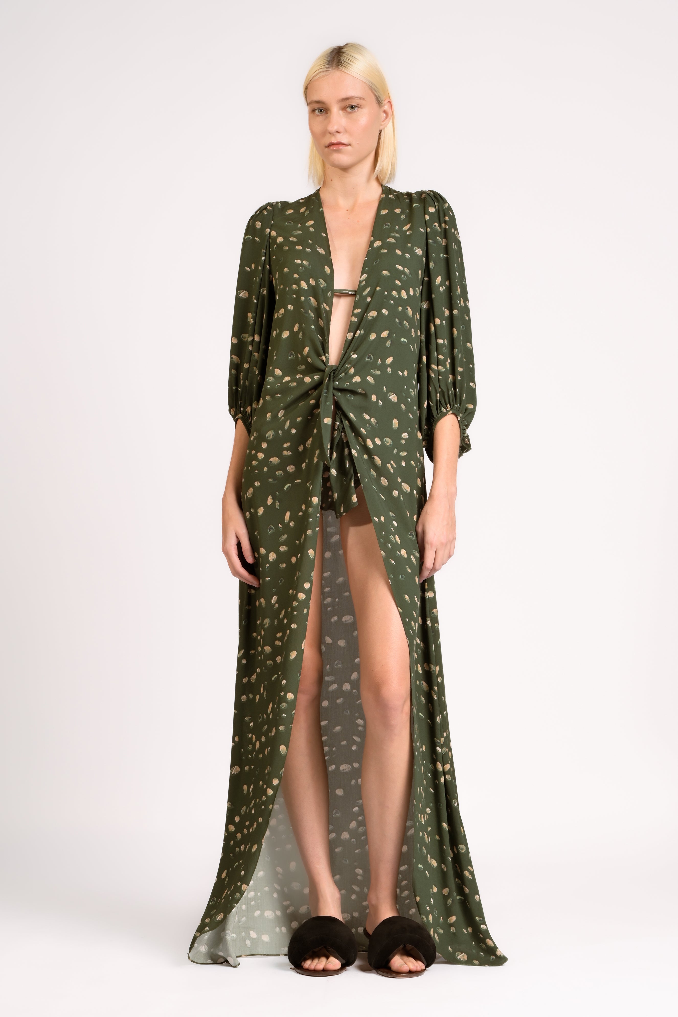 Robe Longo De Amarrar Manga Bufante Green Pois