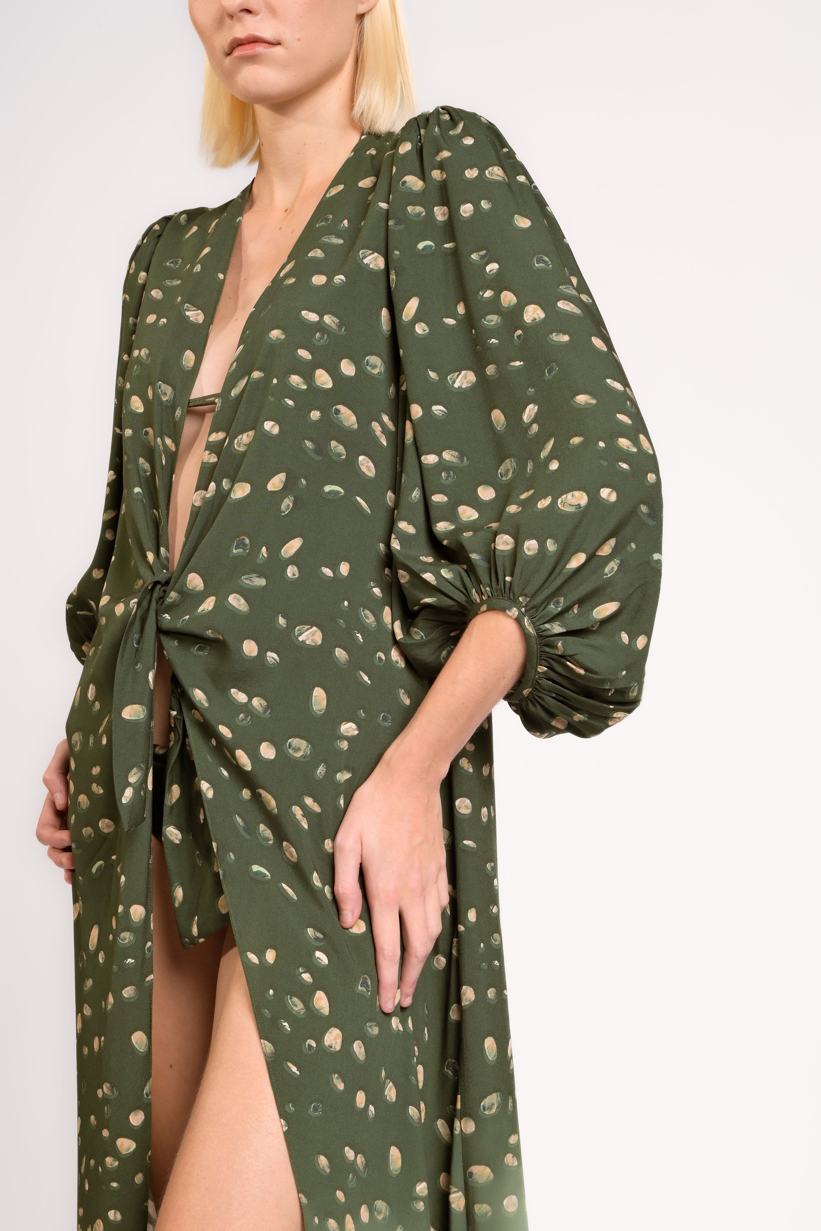 Robe Longo De Amarrar Manga Bufante Green Pois