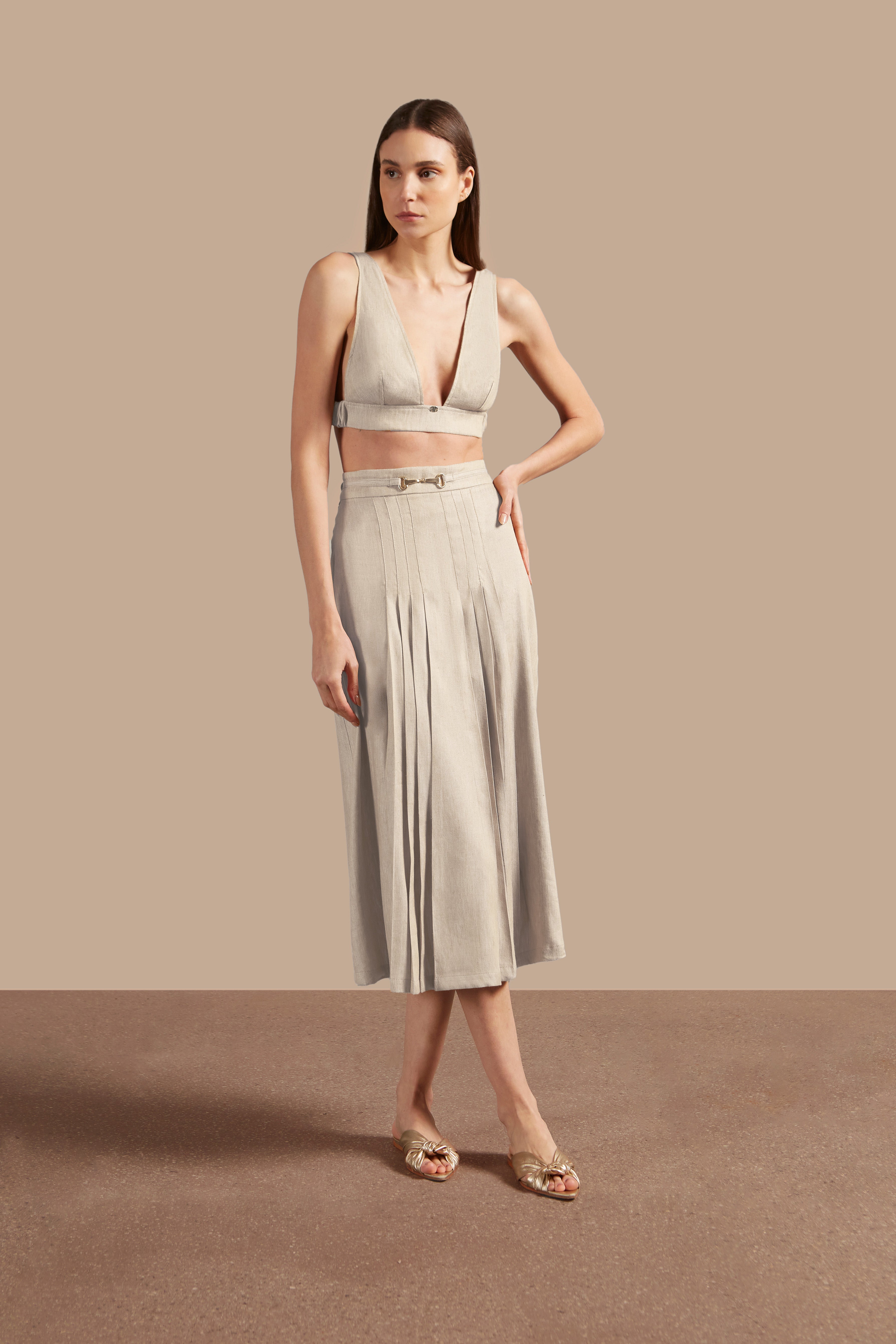 Saia Midi Pregas Jeans