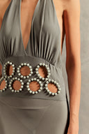 Vestido Longo Detalhe Pérolas Ostras Liso