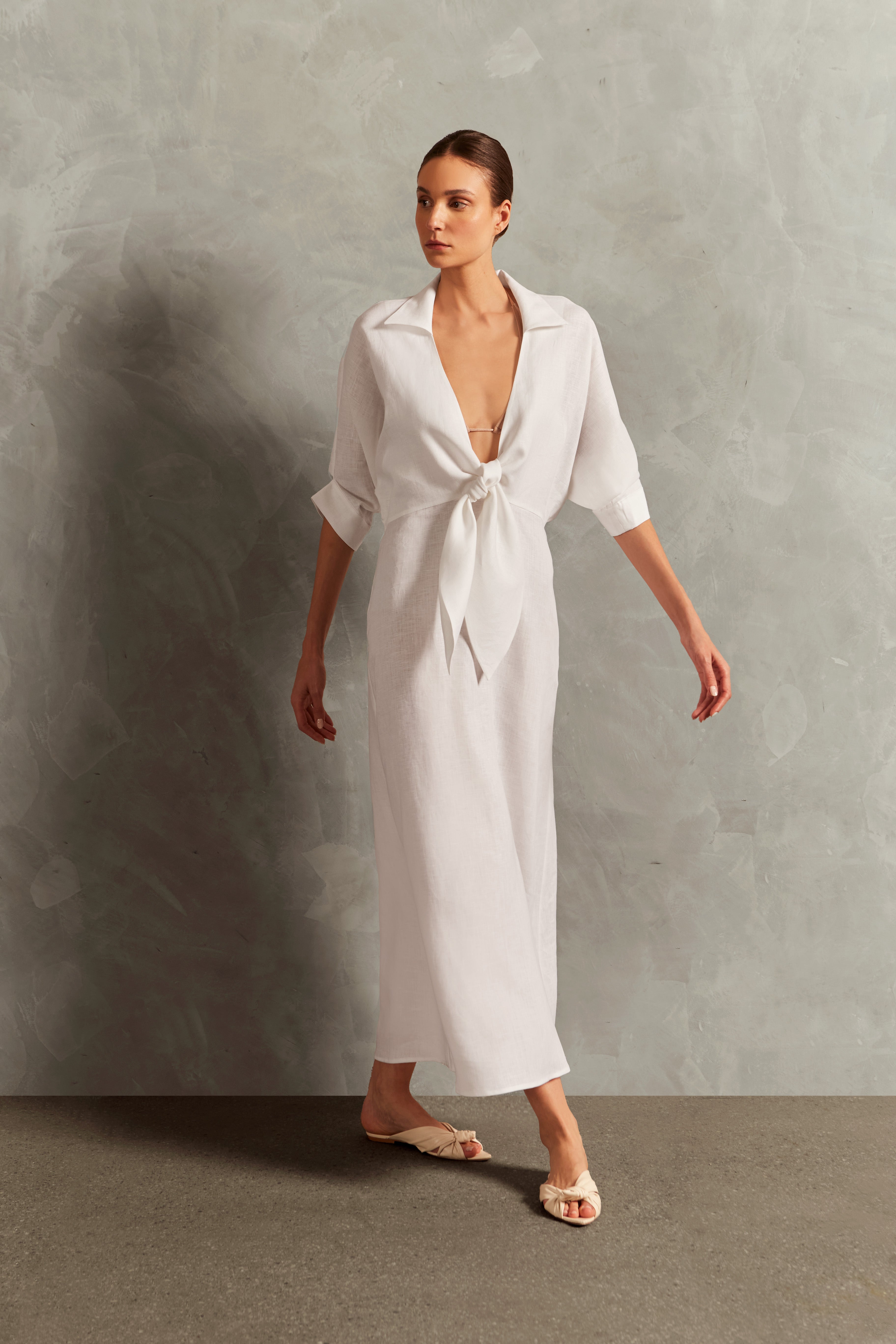 Vestido Longo Amarração Decote V Linho