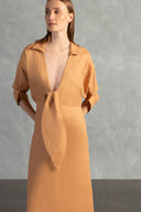 Vestido Longo Amarração Decote V Linho