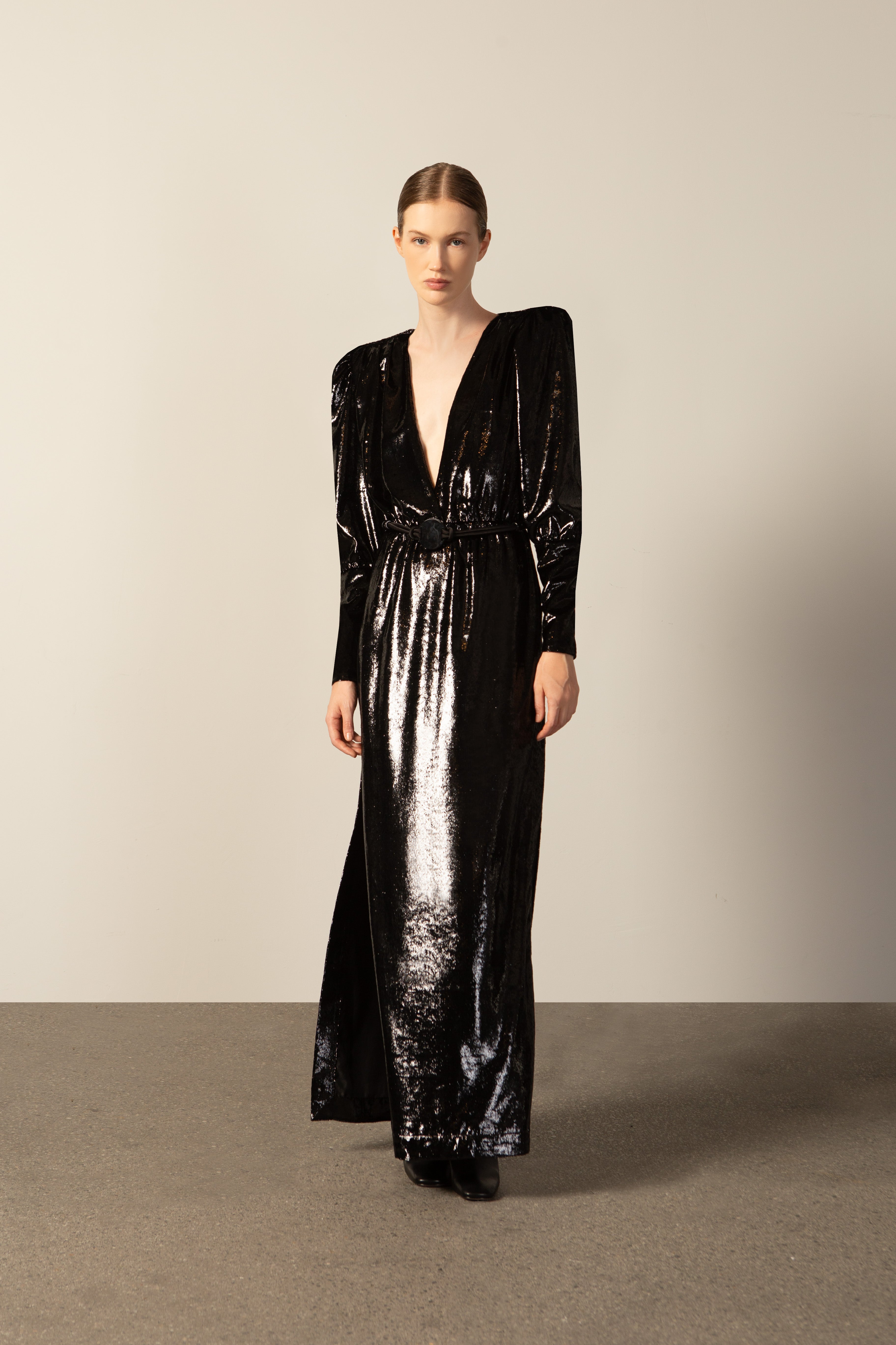 Vestido Longo Decote V Lamê