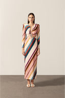 Vestido Longo Decote Franzido Listras Diagonais