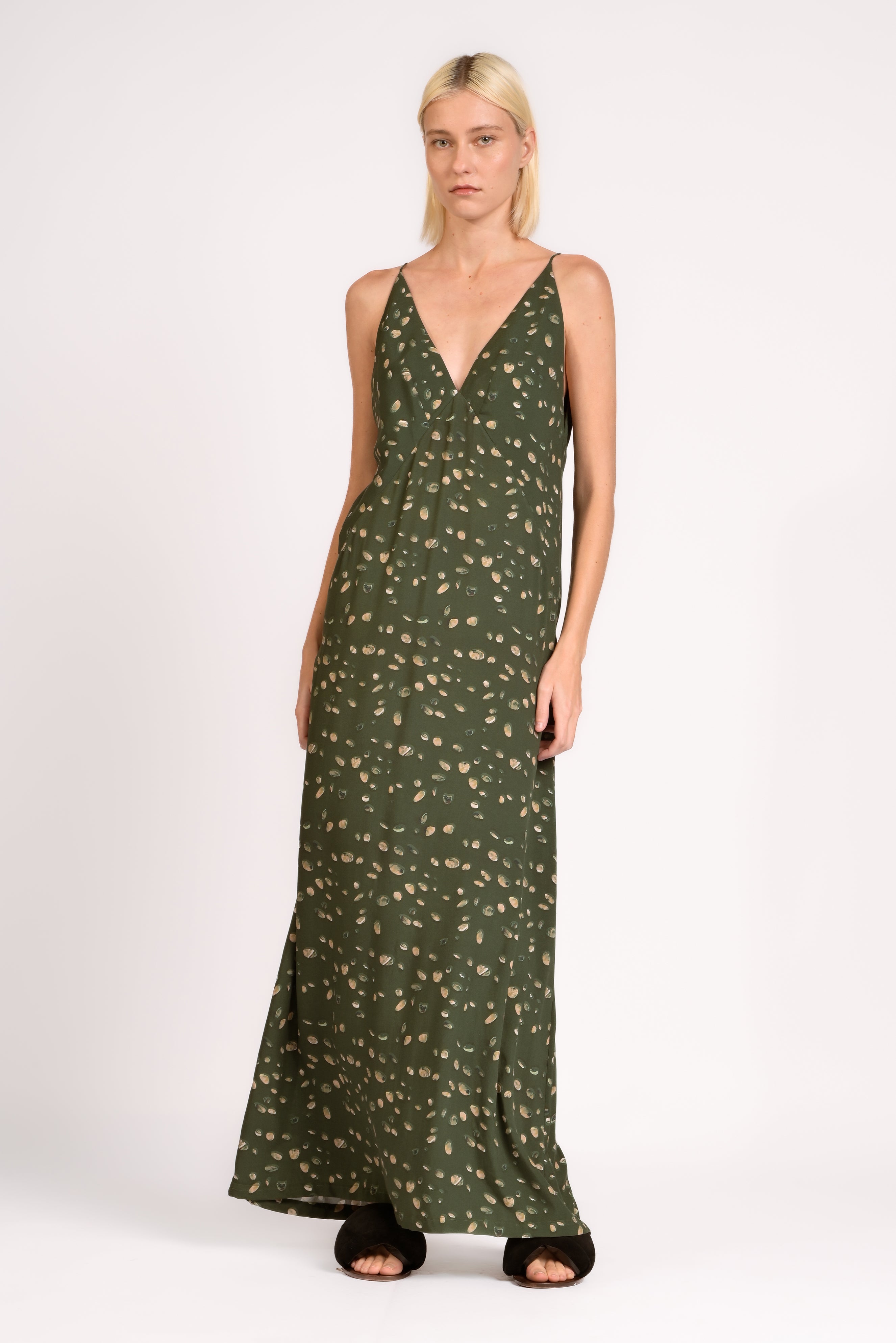 Vestido Longo Alças Decote V Green Pois