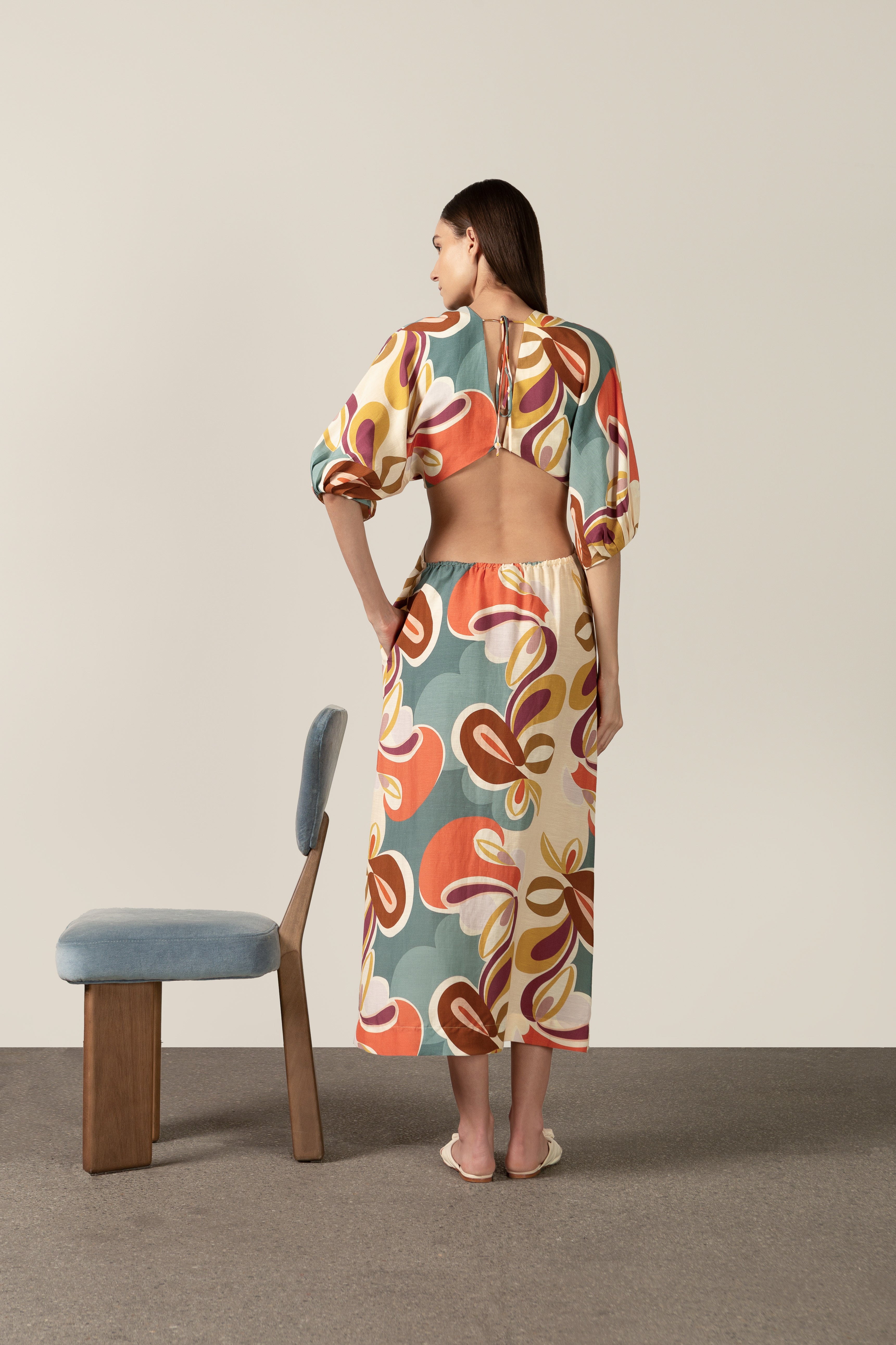 Vestido Midi Manga Bufante Floral Organic