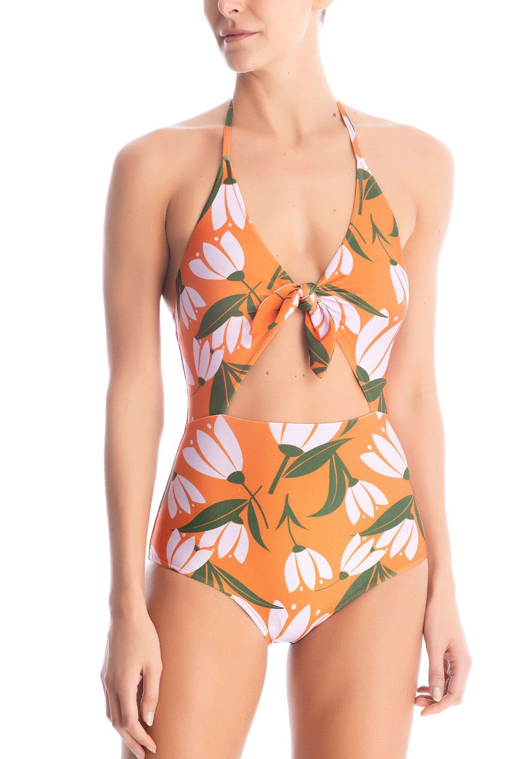 Este maiô com estampa de tulipa vintage nas cores laranja e lilás, é a escolha perfeita para a próxima viagem de verão